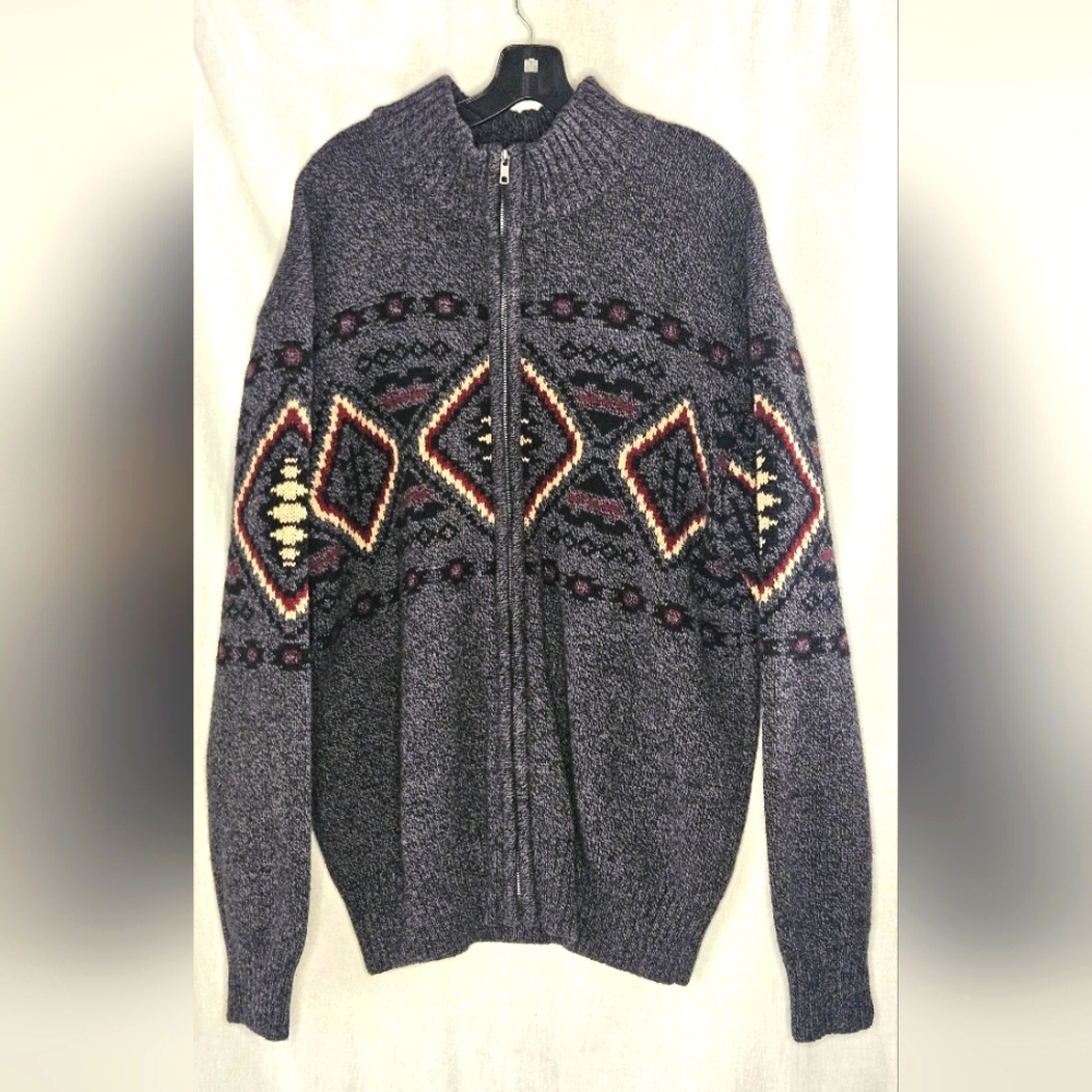 Stetson Gray Red Black Tan Southwest  Heavy Knit Zip Up Cardigan Mens Size XL